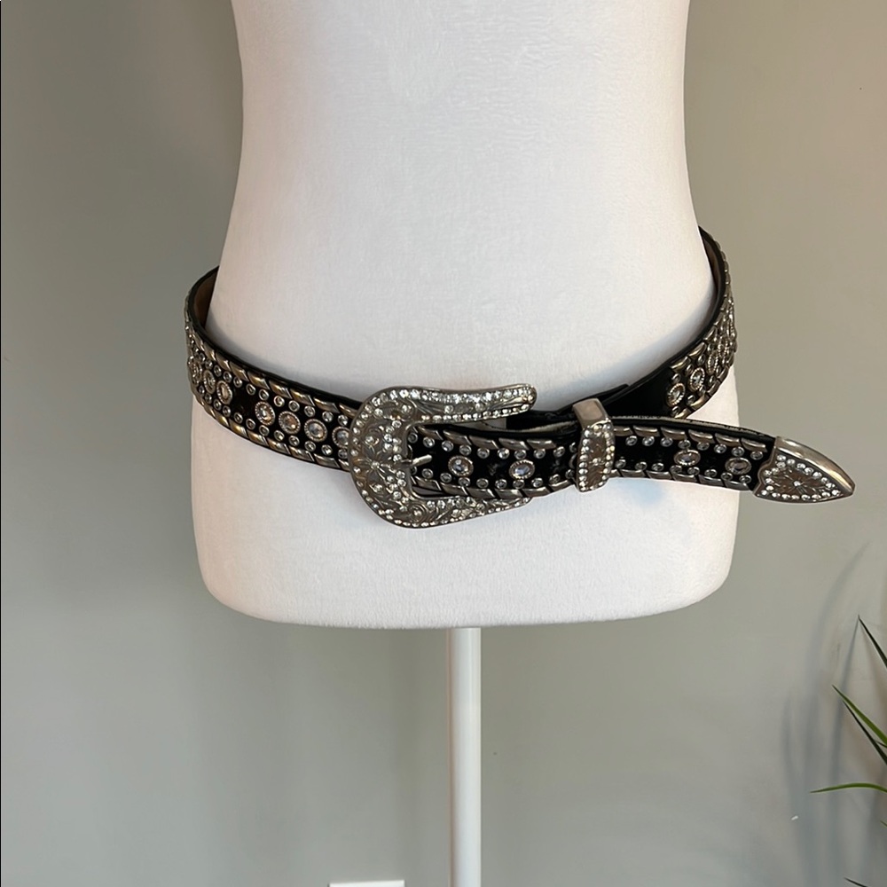 Black Studded Western Belt with Silver and Rhinestone Accents